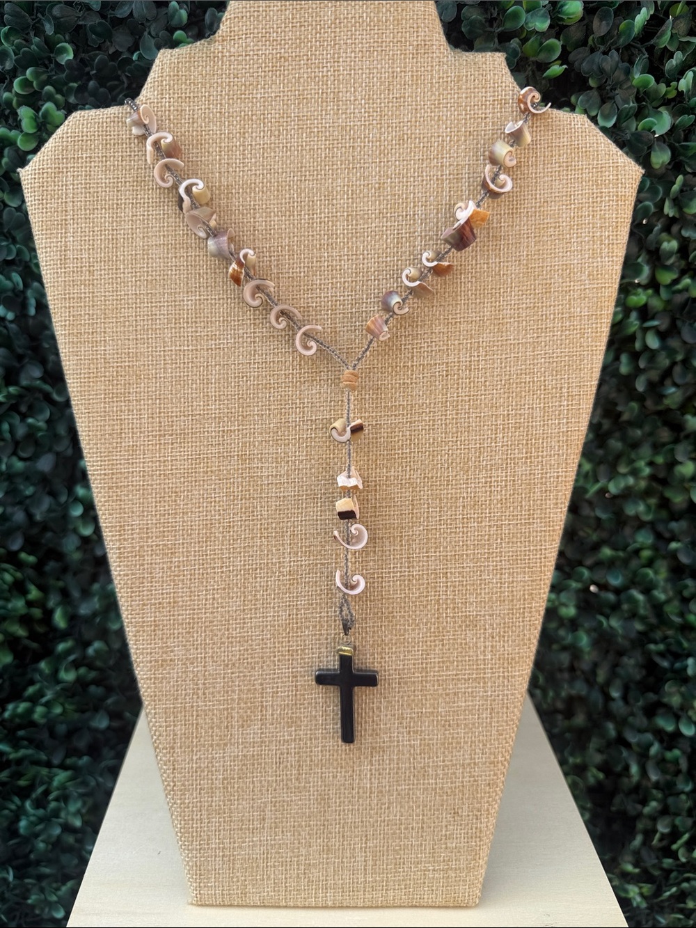 Women's Black Hematite Cross Rosary Necklace with Shells
